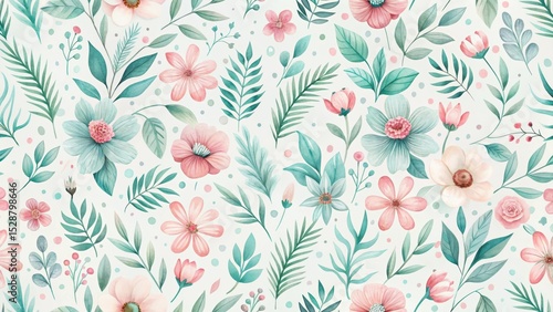 A Seamless Pastel Floral Pattern Featuring Delicate Blooms and Lush Greenery, Ideal for Textile Design or Decorative Applications