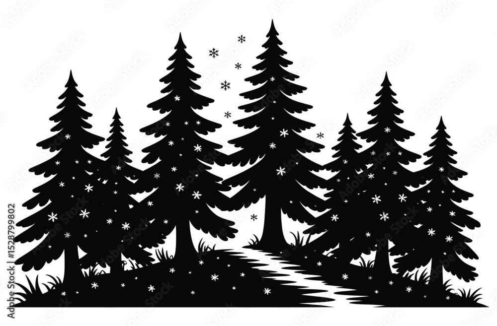 Obraz premium Black Pine Woods Vector Silhouette of Dense Evergreen Forest