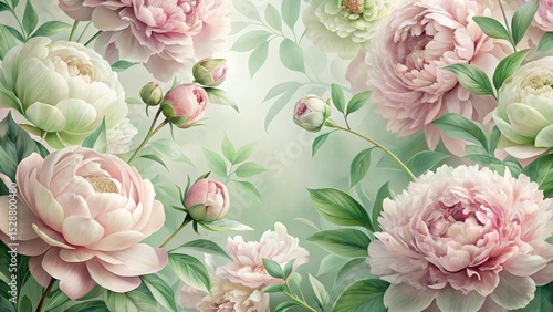 An Exquisite Arrangement of Pastel Peonies and Lush Greenery, a Delicate Botanical Illustration Featuring Soft Hues and Intricate Details