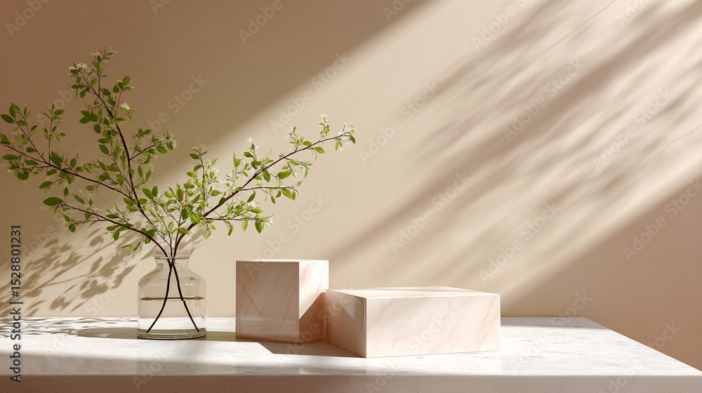 custom made wallpaper toronto digitalMinimalist podium mockup with two beige marble product display. Styled for skincare, cosmetics, or wellness branding.