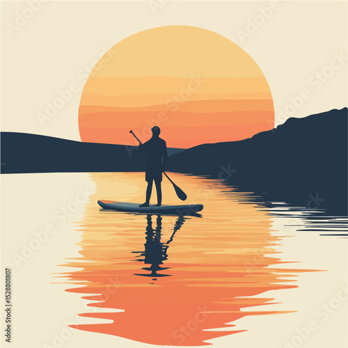 2D flat vector illustration of Sunset Paddleboarding Quiet Lake, isolated on a white background.