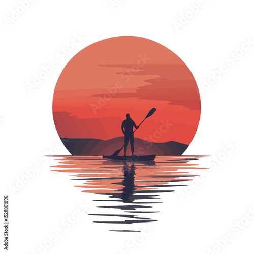 Sunset Paddleboarding Quiet Lake vector 2D flat illustration, isolated on a white background.