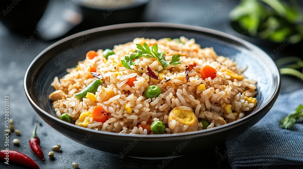 A dark bowl brimming with fluffy fried rice, studded with vibrant peas, carrots, and egg, garnished with parsley; sits on a dark surface alongside scattered spices and a hint of other ingredients A dark bowl brimming with fluffy fried rice, studded with vibrant peas, carrots, and egg, garnished with parsley; sits on a dark surface alongside scattered spices and a hint of other ingredients