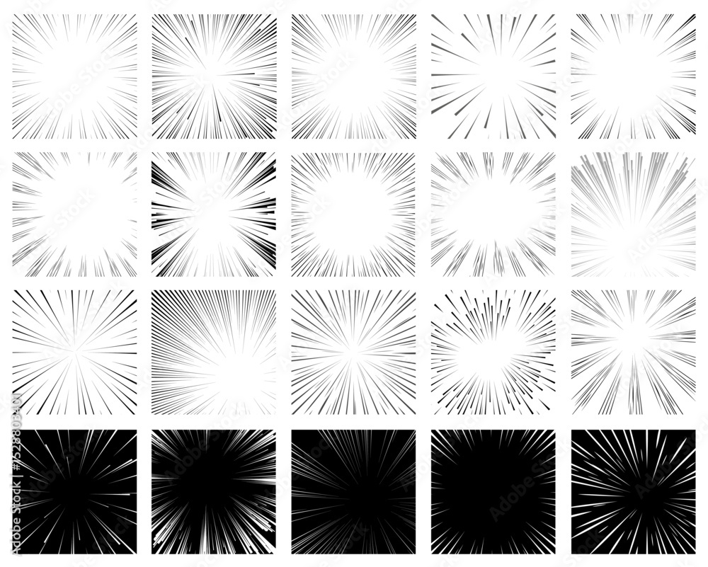 Radial manga frames. Anime round borders, speed lines or explosion effect, different intensity strokes, comics scene tension. Black rays on transparent background, qualitative vector set Radial manga frames. Anime round borders, speed lines or explosion effect, different intensity strokes, comics scene tension. Black rays on transparent background, qualitative vector set