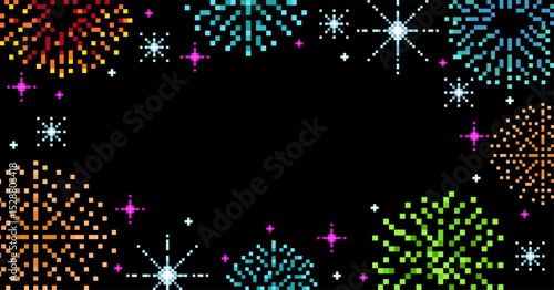 Pixel firework frame. Retro video holiday design, colorful lights bust, carnival background, party elements, 8 bit assets, night with pyrotechnic firecracker, qualitative vector concept