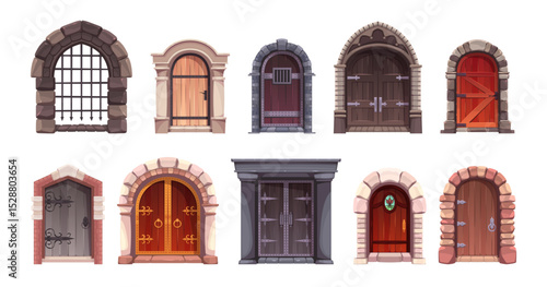 Cartoon ancient castle doors. Ancient palace entrances, heavy forged wooden door, fantasy games arches with stone columns, church or cathedral entry, gothic building element tidy vector set