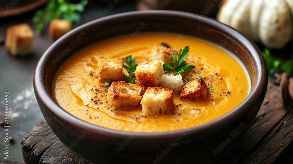 Creamy orange soup in a dark bowl, garnished with croutons, parsley, and spices, sitting on a rustic wooden surface with additional croutons and a small pumpkin visible in the background Creamy orange soup in a dark bowl, garnished with croutons, parsley, and spices, sitting on a rustic wooden surface with additional croutons and a small pumpkin visible in the background