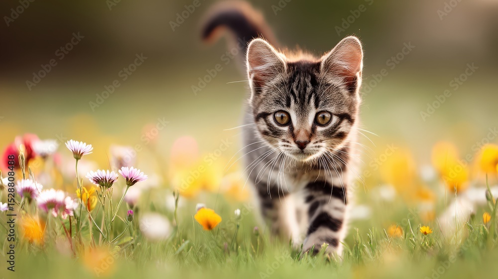 Fototapeta premium Adorable Tabby Kitten Walking Through Colorful Flower Field