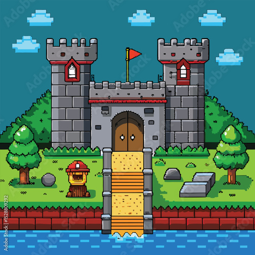 Pixel Art Castle with Water Feature and Lush Green Landscape Under a Cloudy Sky