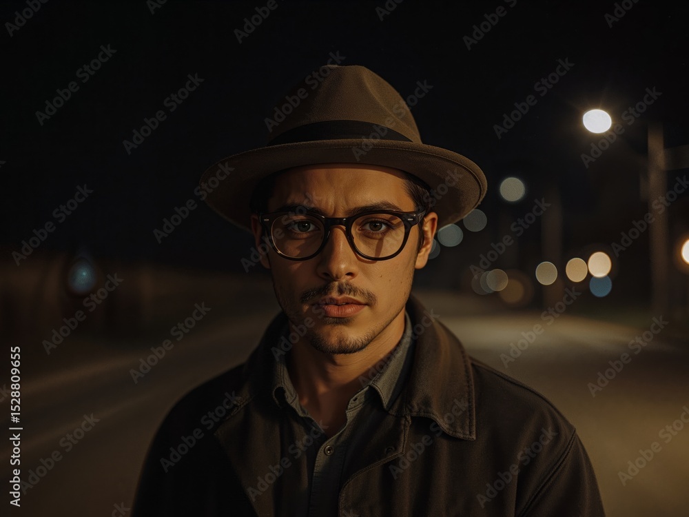 Portrait of a Young Man in a Hat and Glasses at Night, Under Street Lights. Portrait of a Young Man in a Hat and Glasses at Night, Under Street Lights.