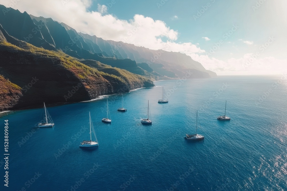 Obraz premium Epic drone view of stunning boats sailing in the clear waters of Hawaii, Epic drone shot flying above beautiful boats in Hawaiian ocean