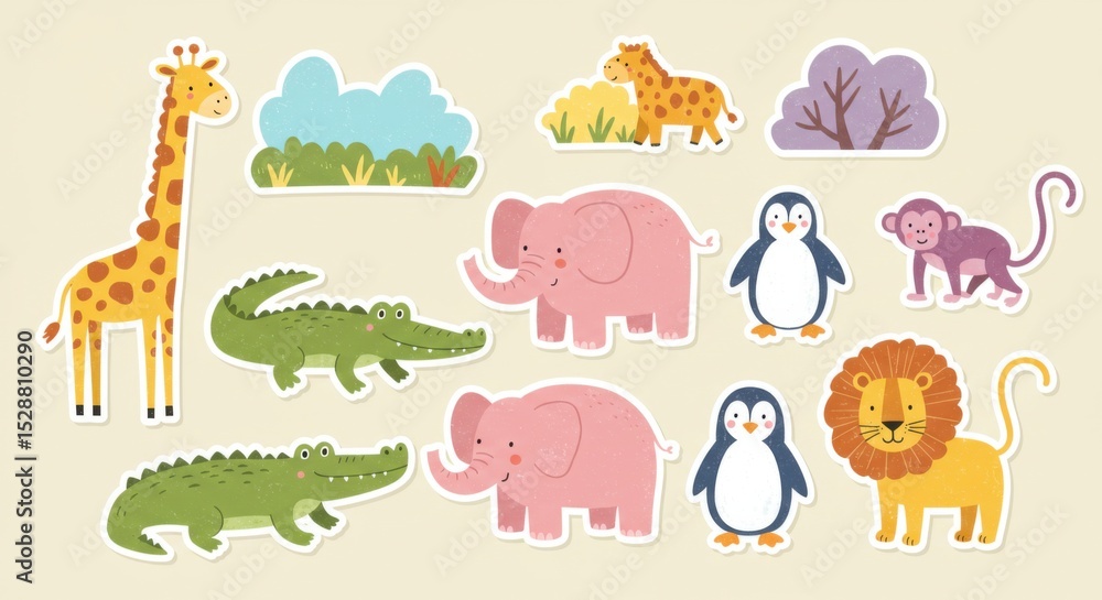 Obraz premium Cute Cartoon Safari and Zoo Animals Sticker Collection