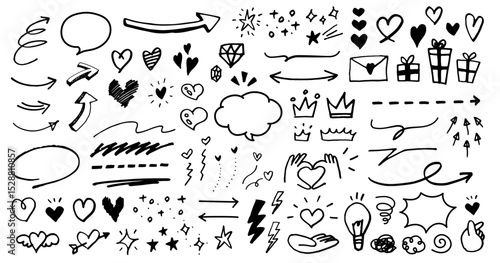 手描きの装飾セット。ハート、矢印、星など記号のイラスト。ペンで描いた感情のアイコン。落書き風の素材。
