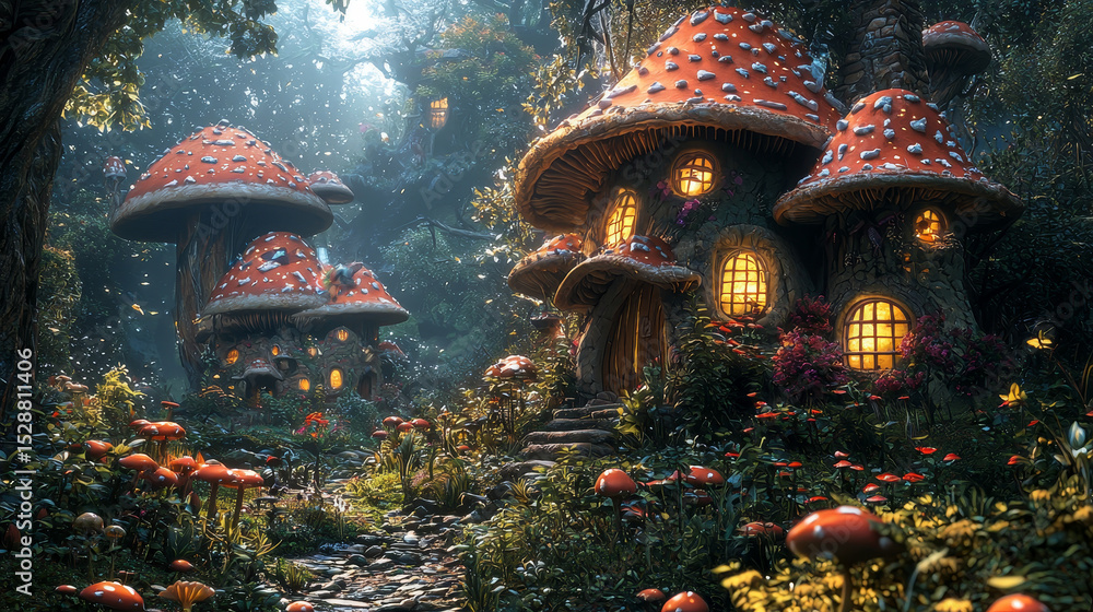 Obraz premium Welcome to the magical world of fairies! In this enchanting digital artwork, you'll be transported to a hidden realm where tiny homes are nestled among giant mushrooms