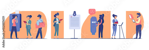 Hiring process illustration with diverse characters analyzing resumes and communicating job recruitment steps in flat vector style