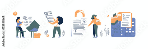 People calculating taxes preparing documents holding receipts bills calculator financial paperwork flat vector illustration