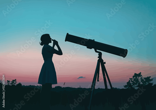 Silhouette of woman looking through large telescope at sunset sky in outdoor field observational astronomy concept