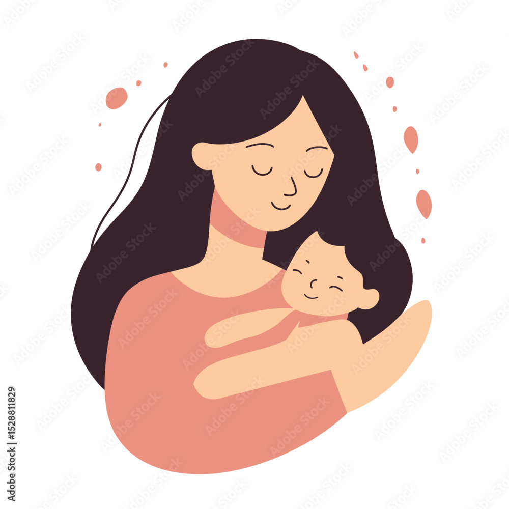 Peaceful mother holding smiling baby with closed eyes tender loving moment flat minimalist vector illustration in soft warm tones Peaceful mother holding smiling baby with closed eyes tender loving moment flat minimalist vector illustration in soft warm tones