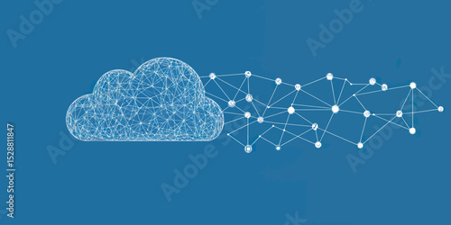 Abstract cloud computing network with connected nodes and lines representing digital data flow on blue background vector illustration