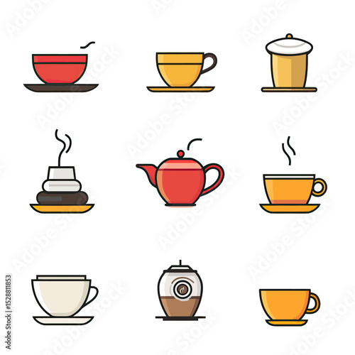 Wallpaper Mural Minimalist flat vector icons set featuring red and yellow coffee cups, steaming tea kettle, layered stone incense burner, latte glass, and cappuccino cup on saucers Torontodigital.ca