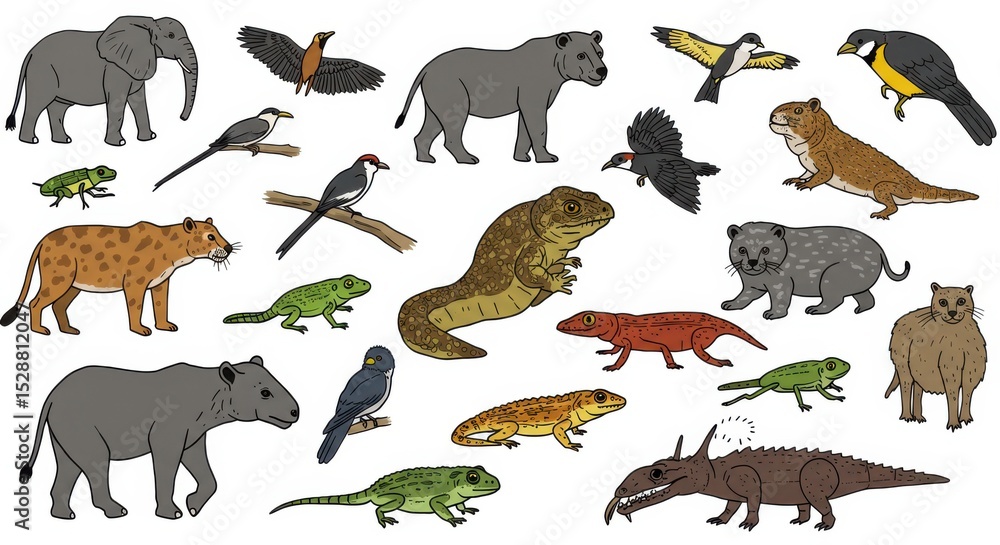 Fototapeta premium Diverse Cartoon Animal Illustration Set