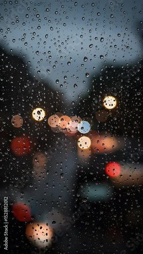 Rainy Night City Scene Blurred Lights Raindrops