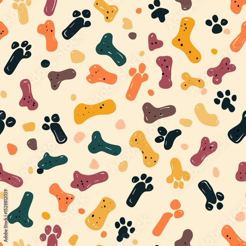 Seamless pattern with colorful dog bones and paw prints playful puppy treats and footprint illustrations on cream background vector design