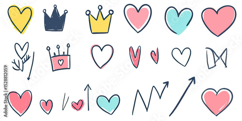Hand drawn colorful hearts crown arrows sketch line art set love romantic doodles vector illustration flat minimalist style design elements collection for decoration