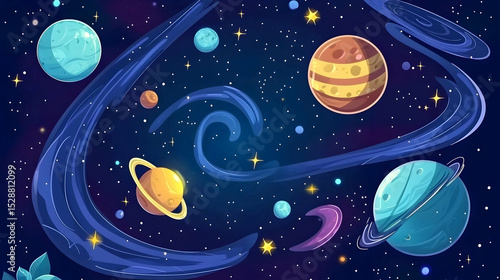 Colorful planets in a swirling galaxy with stars.  Multiple planets of varying colors and sizes are scattered throughout a night sky, adorned with swirling nebulae and sprinkled with stars