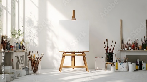 Sunlit artist's studio with blank canvas on easel, surrounded by paint, brushes, and art supplies on white tables against a white wall