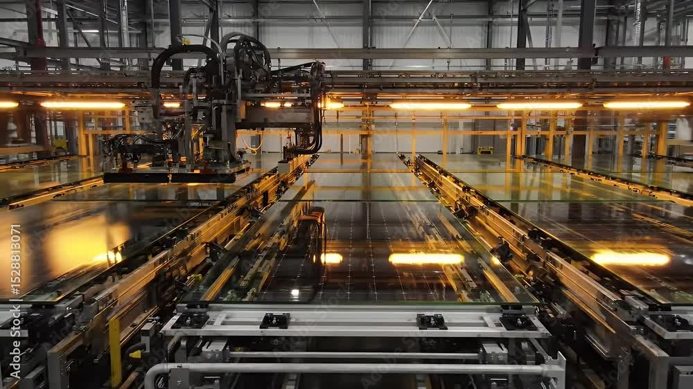 Automated Machinery on Factory Floor with Reflective Glass Panels High Angle View Automated Machinery on Factory Floor with Reflective Glass Panels High Angle View