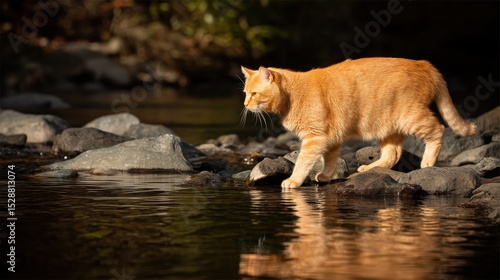 Orange Cat Walking on Rocks Beside a Calm River Under Natural Light