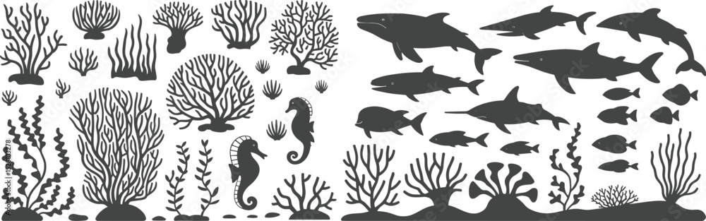 Fototapeta premium Diverse Marine Life Silhouettes Vector Collection: Underwater Coral, Seaweed, Fish, Sharks, Dolphins, and Seahorses for Ocean-Themed Designs