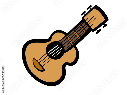 Illustration of a Small Wooden Acoustic Guitar with Four Strings and a Round Sound Hole