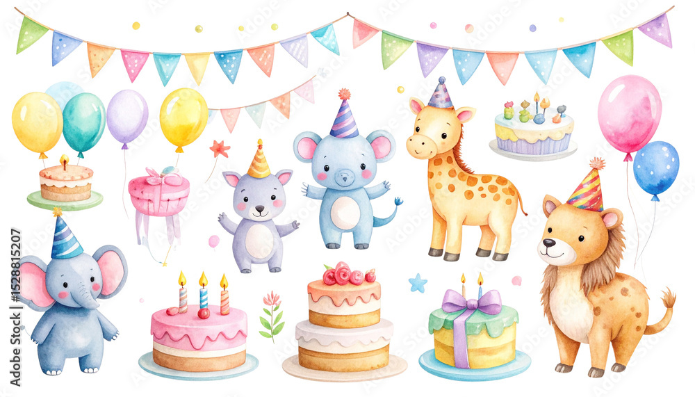 Obraz premium Clipart set of birthday elements – kids' party theme, animals wearing hats, balloons, bunting flags, and cake slices – perfect for nursery wall art and stationery
