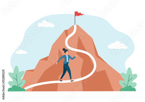 Woman climbing up the mountain. Climbing up the career ladder process. Career path to success.