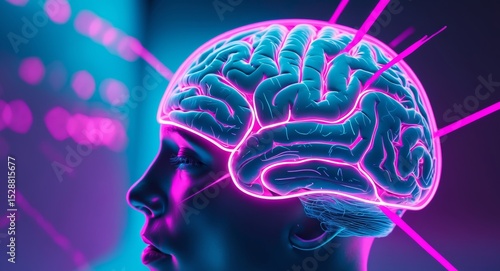 Human Brain with Neon Glow, Mental Health, Artificial Intelligence Concept.