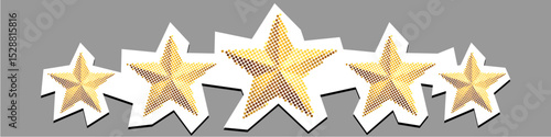Five stars dotted collage element pointilize in paper torn vector for quality ratings, reviews, or achievement badges with a distressed, artistic look. Ideal for feedback systems or creative awards.