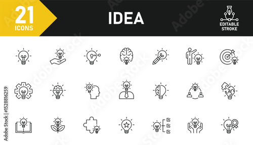Idea line icon set. Set of 21 outline icons related to idea, thinking, solution, brainstorming, creative, innovation, idea light bulb and others. Editable stroke. Vector illustration.