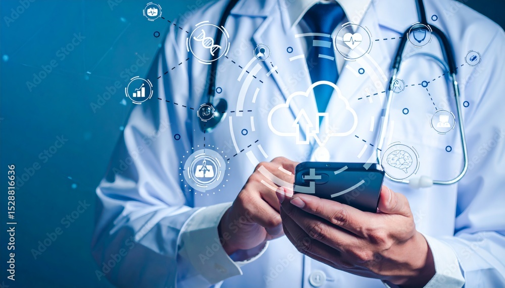 A doctor using smartphone with cloud health icons, digital cloud computing medical , telemedicine remote diagnosis, and AI healthcare technology solutions innovation data management. A doctor using smartphone with cloud health icons, digital cloud computing medical , telemedicine remote diagnosis, and AI healthcare technology solutions innovation data management.