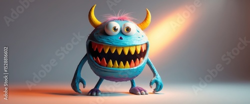 Cute, Cartoonish, Smiling Monster with Horns and Colorful Texture, Standing Upright