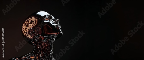 Futuristic Chrome Robot Head with Glowing Circuitry, Artificial Intelligence Concept