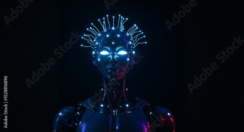 Cybernetic Being. Illuminated Robot Woman with Futuristic Headgear, Dark Background