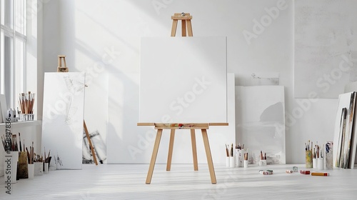 A blank canvas on a wooden easel stands in a bright, minimalist artist's studio, surrounded by other canvases, paintbrushes, and art supplies.  Sunlight streams through a large window