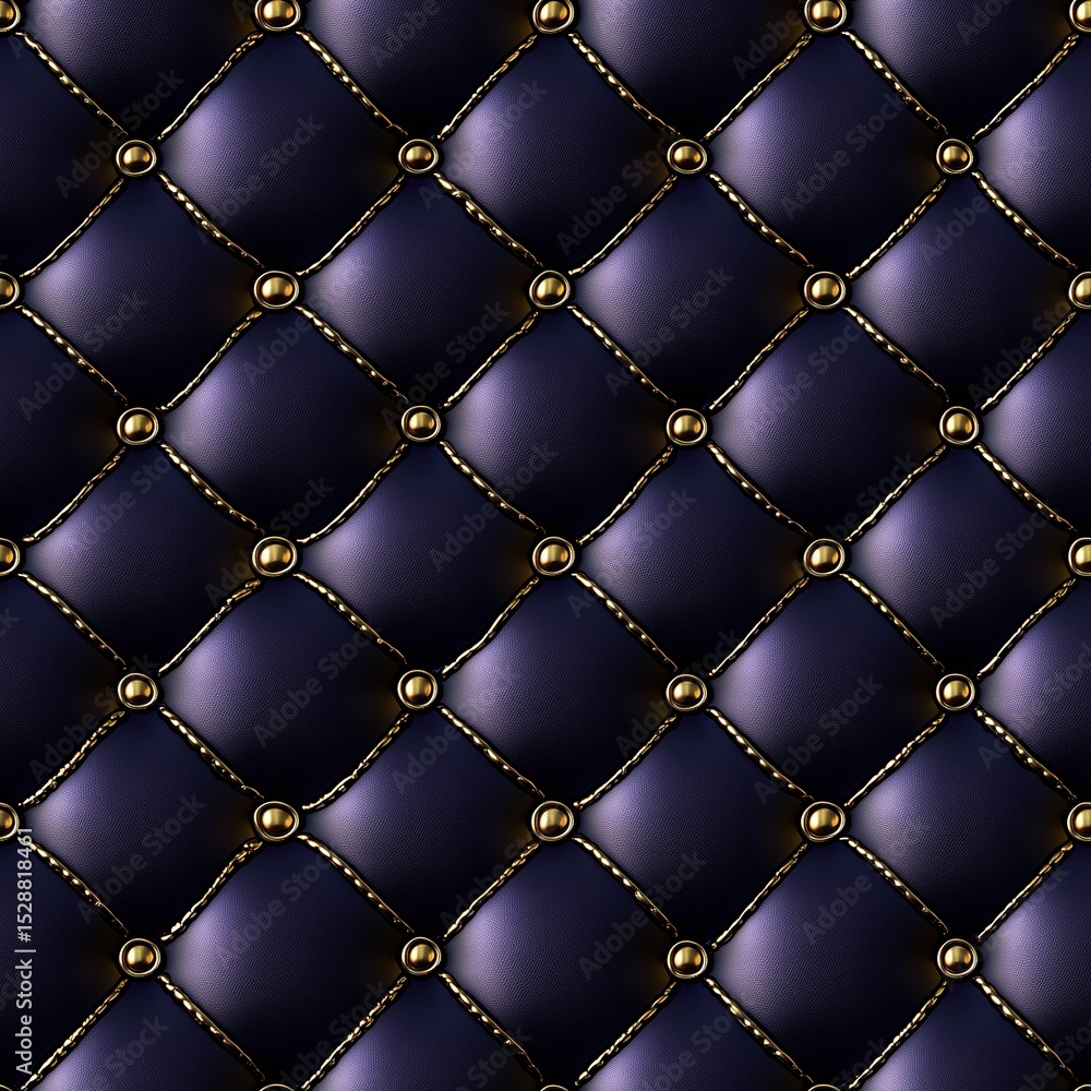 Naklejka premium A truly opulent seamless background with a rich dark navy purple quilted texture, accentuated by luxurious golden stitching and prominent spherical gold buttons.