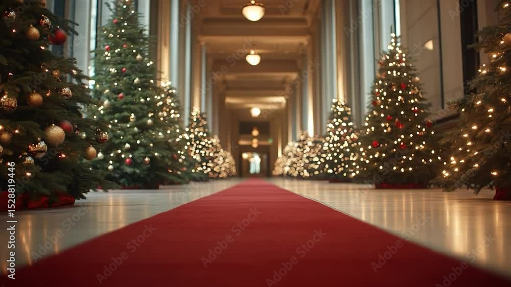 Decorated christmas trees lining elegant corridor with red carpet Decorated christmas trees lining elegant corridor with red carpet