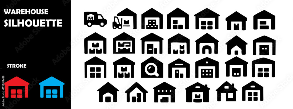 Fototapeta premium Warehouse Silhouette Vector Set – Storage, Inventory and Industrial Icons