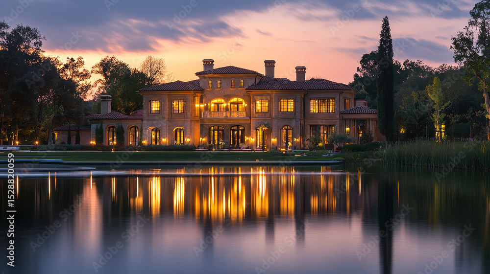 Fototapeta premium A luxurious mansion illuminated by soft evening lights, its reflection shimmering on calm waters in a peaceful setting