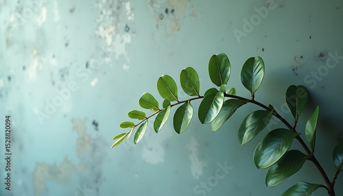 Green Zamiifolia plant branch against a mottled background texture.