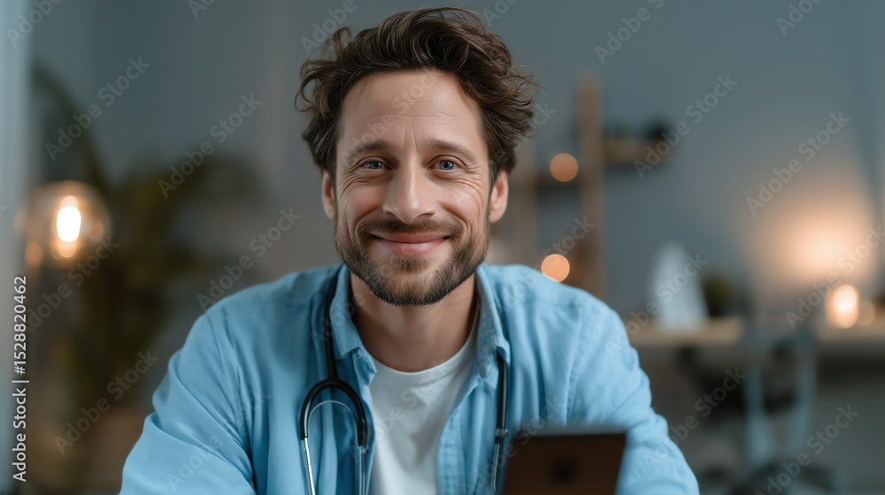 Obraz premium Young man talking to doctor on smartphone videocall, minimalist telehealth concept with clean background